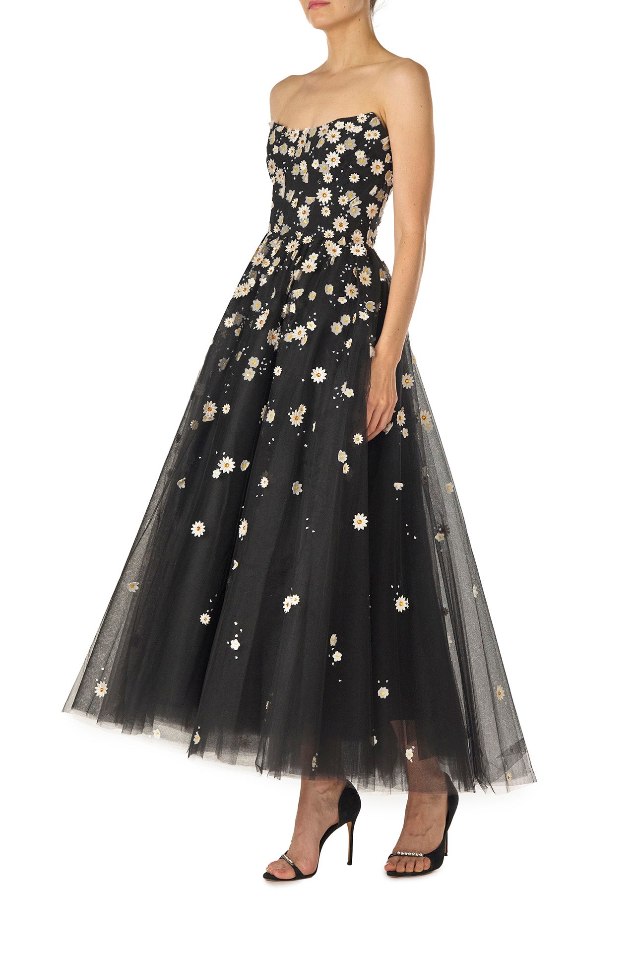 Monique Lhuillier Spring 2025 Daisy embroidered tulle cocktail dress with strapless neckline and tea-length skirt - side.