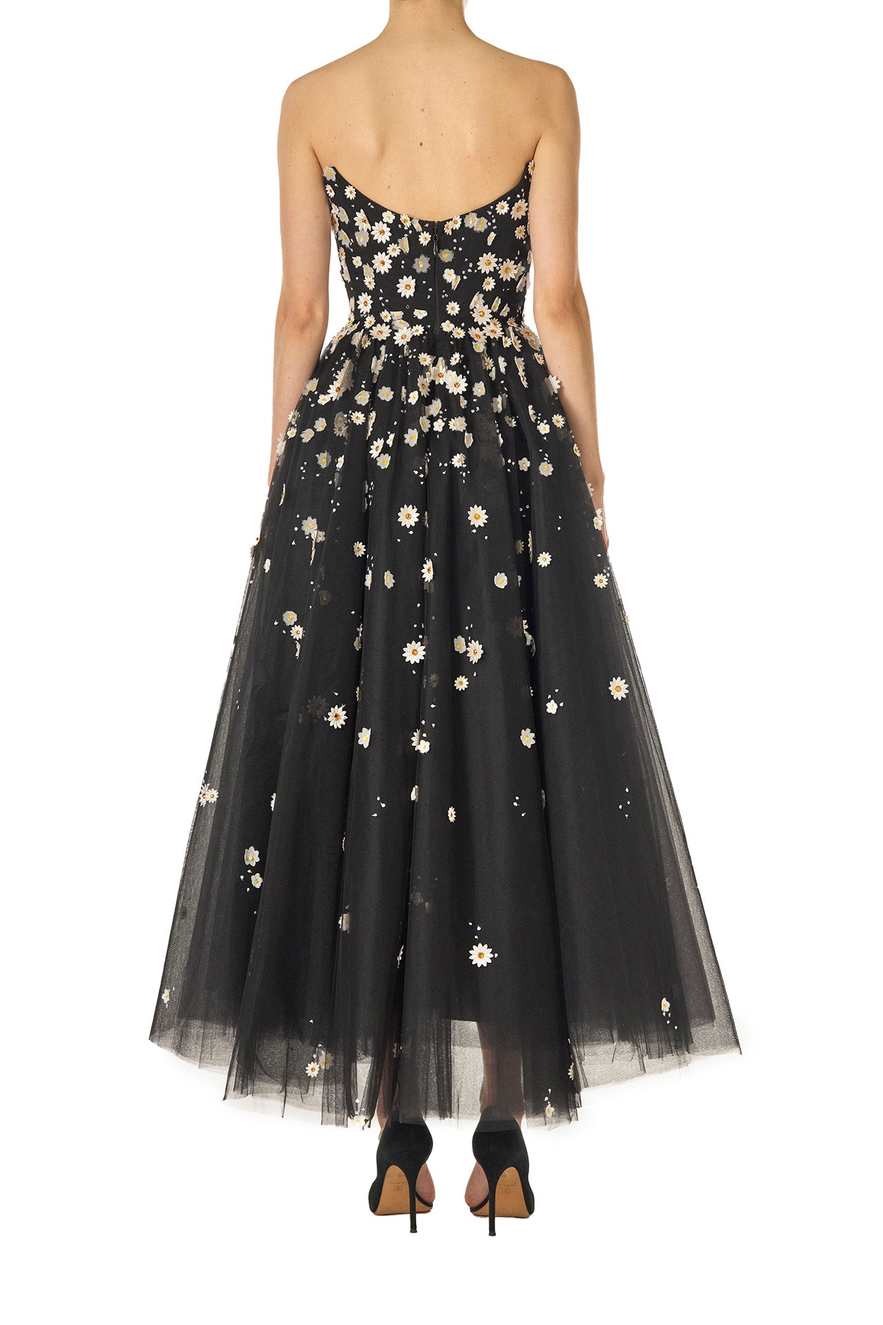 Monique Lhuillier Spring 2025 Daisy embroidered tulle cocktail dress with strapless neckline and tea-length skirt - back.
