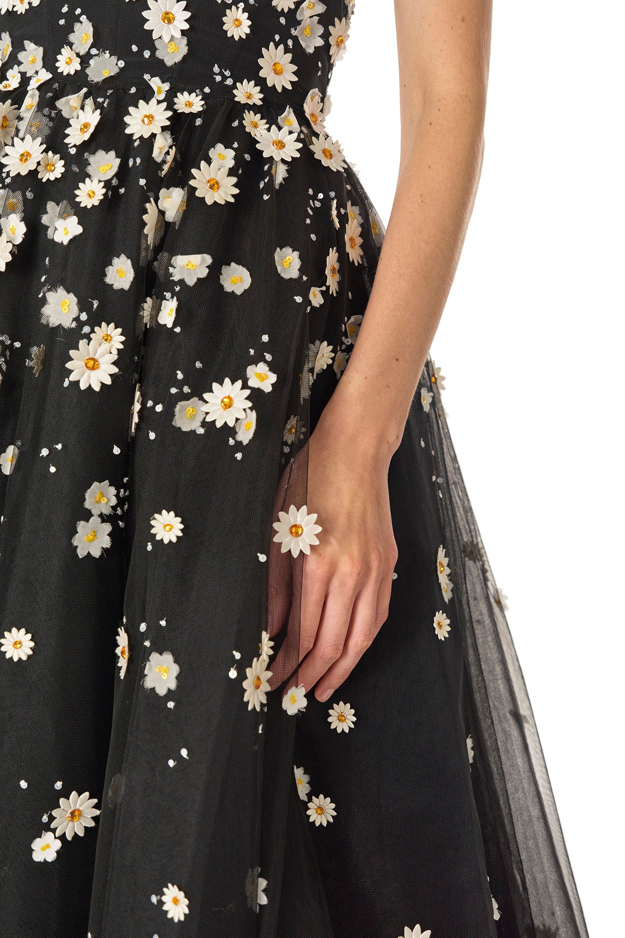 Monique Lhuillier Spring 2025 Daisy embroidered tulle cocktail dress with strapless neckline and tea-length skirt - fabric.
