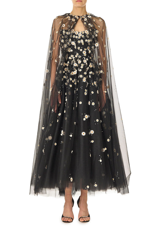 Monique Lhuillier Spring 2025 Noir tulle cape with Daisy embroidery and hook and eye closure at front of neckline - front.