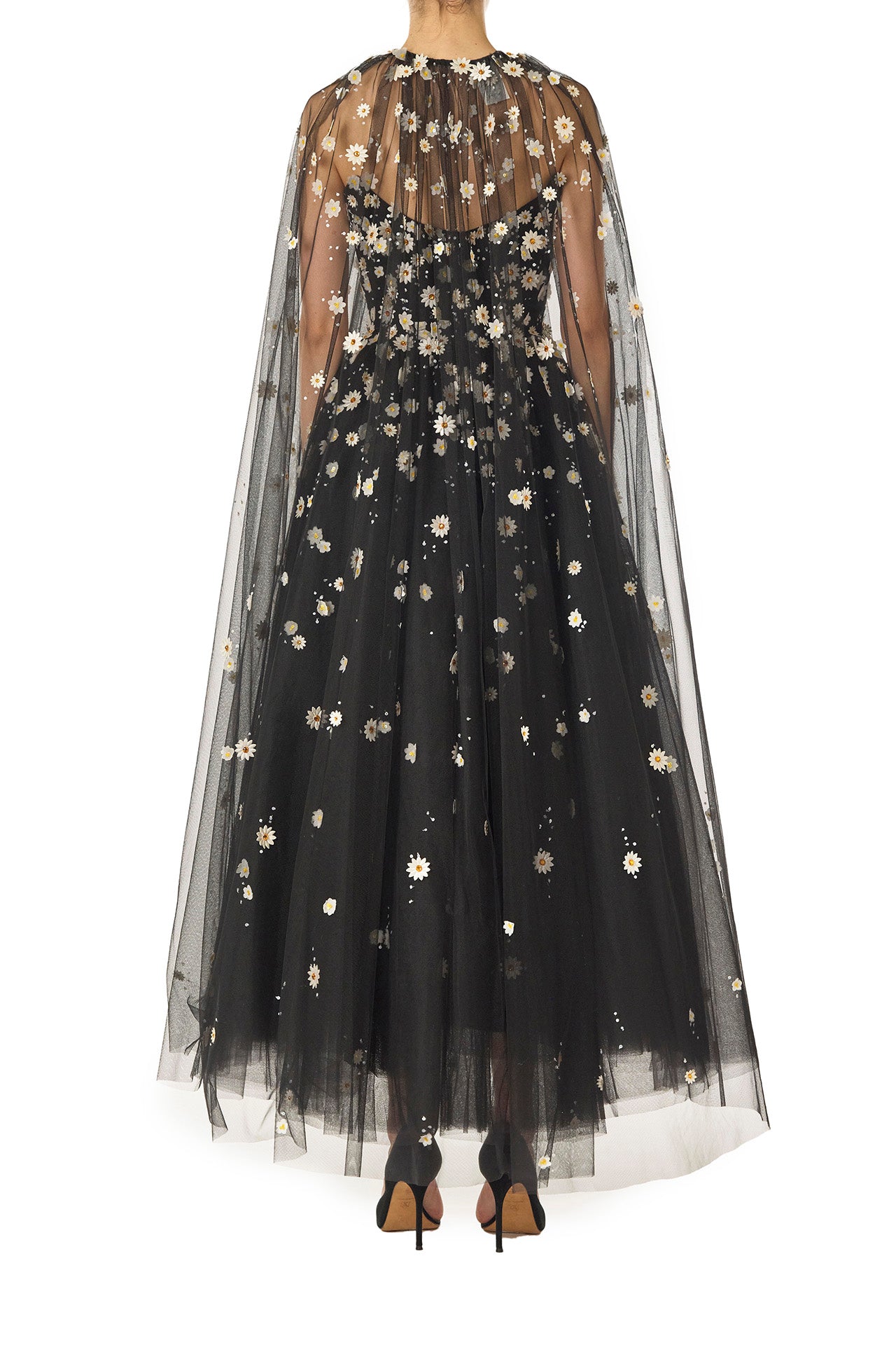 Monique Lhuillier Spring 2025 Noir tulle cape with Daisy embroidery and hook and eye closure at front of neckline - back.
