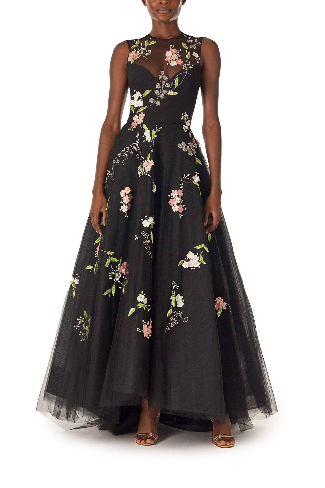 Monique Lhuillier Spring 2025 Sleeveless, noir tulle gown with floral embroidery and slight high-low hem - front.