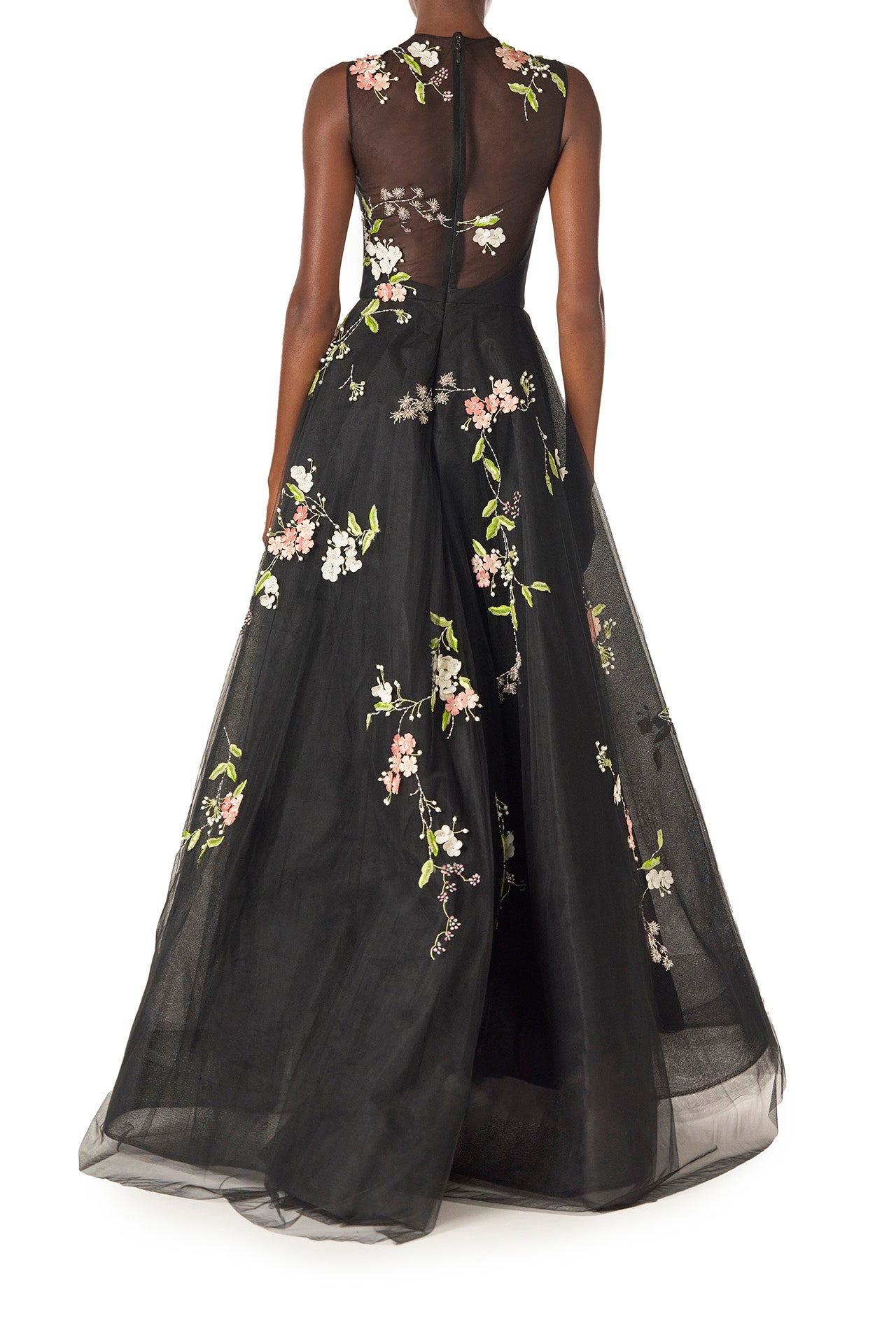 Monique Lhuillier Spring 2025 Sleeveless, noir tulle gown with floral embroidery and slight high-low hem - back.