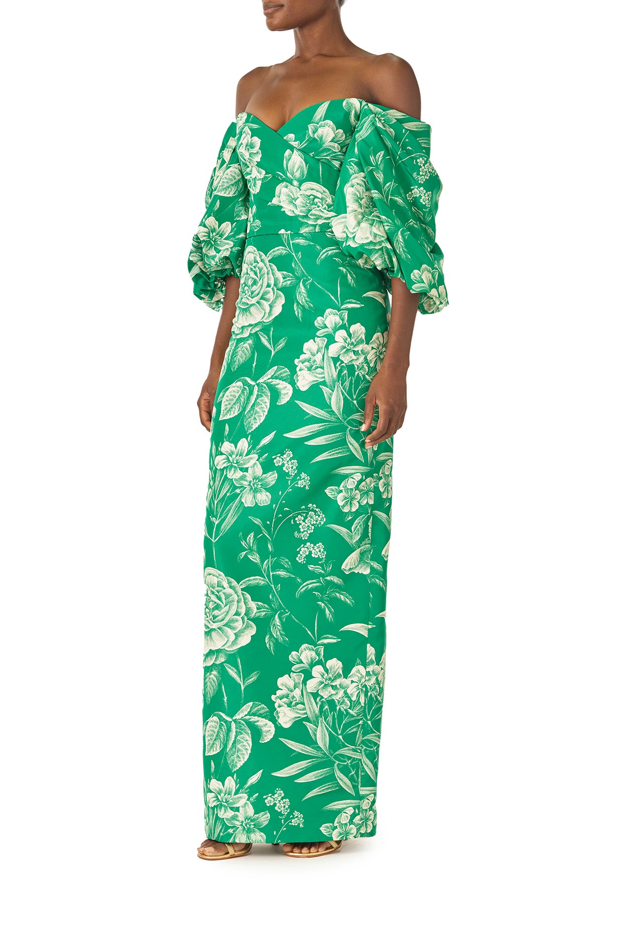 Off-The-Shoulder Blouson Sleeve Gown 8 / Grass/Silk White Off-The-Shoulder Blouson Sleeve Gown 8 / Grass/Silk White