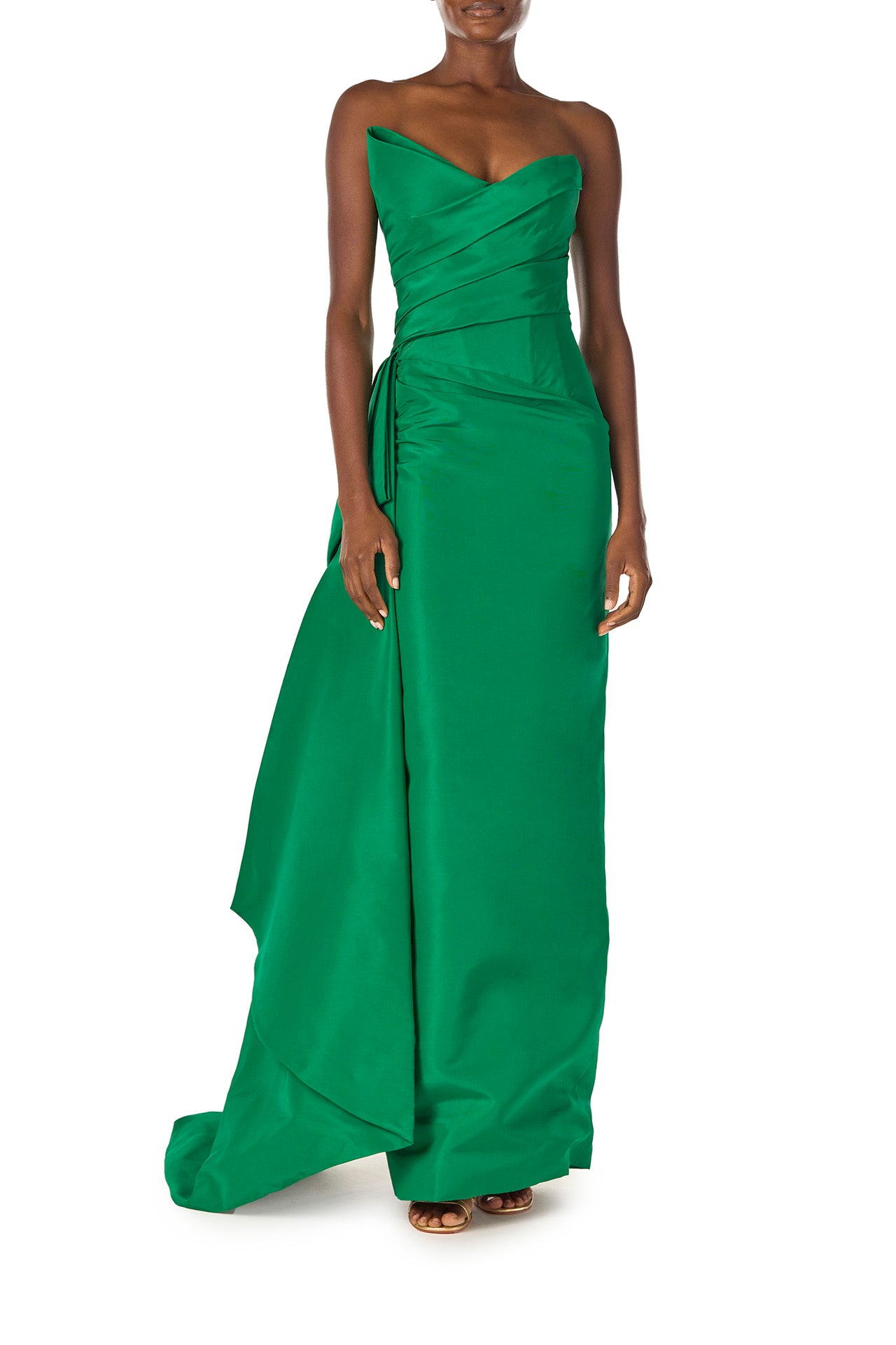 Monique Lhuillier Spring 2025 Strapless column gown with asymmetric draped neckline and sweeping side train in grass green faille fabric - front.