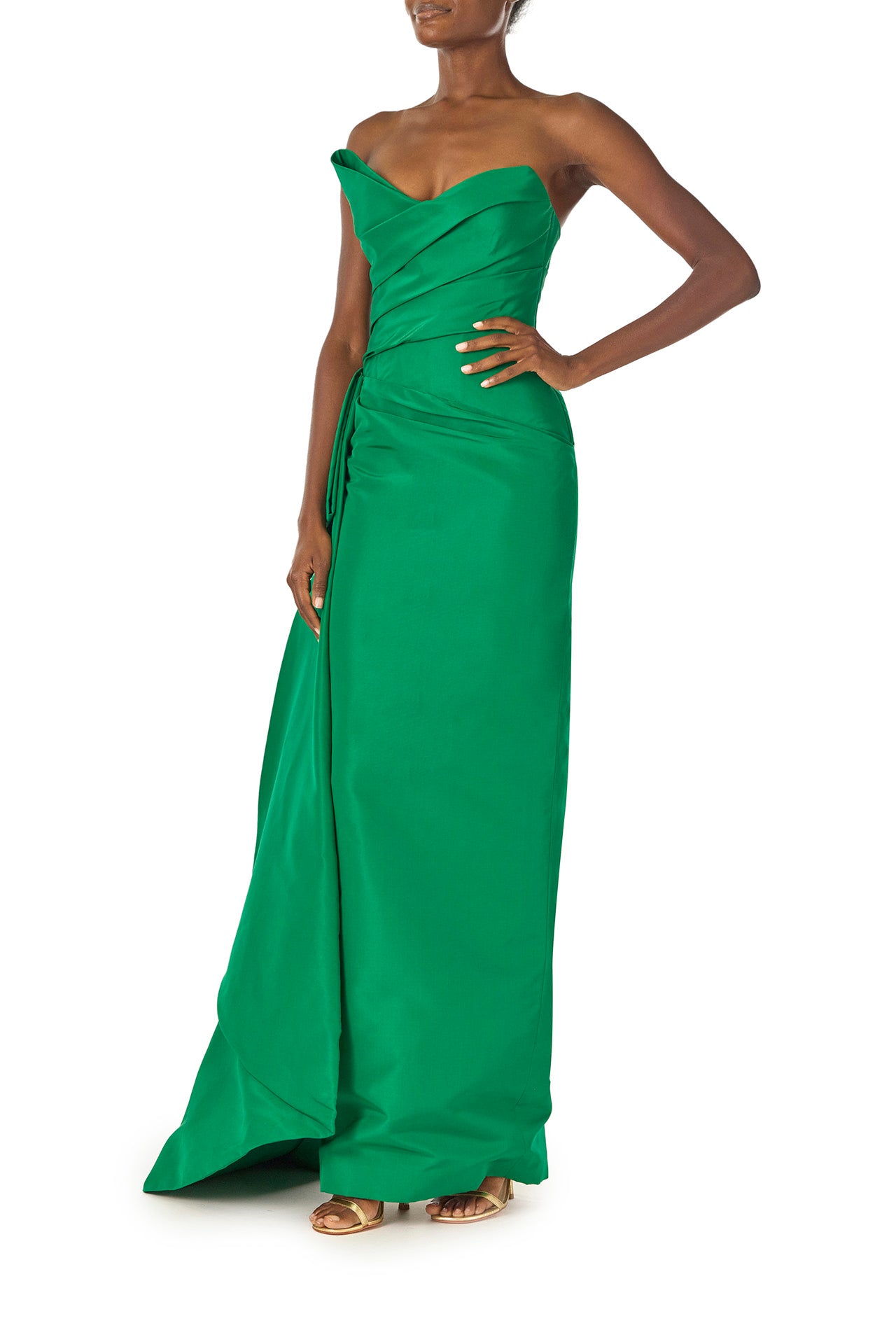 Monique Lhuillier Spring 2025 Strapless column gown with asymmetric draped neckline and sweeping side train in grass green faille fabric - left side.