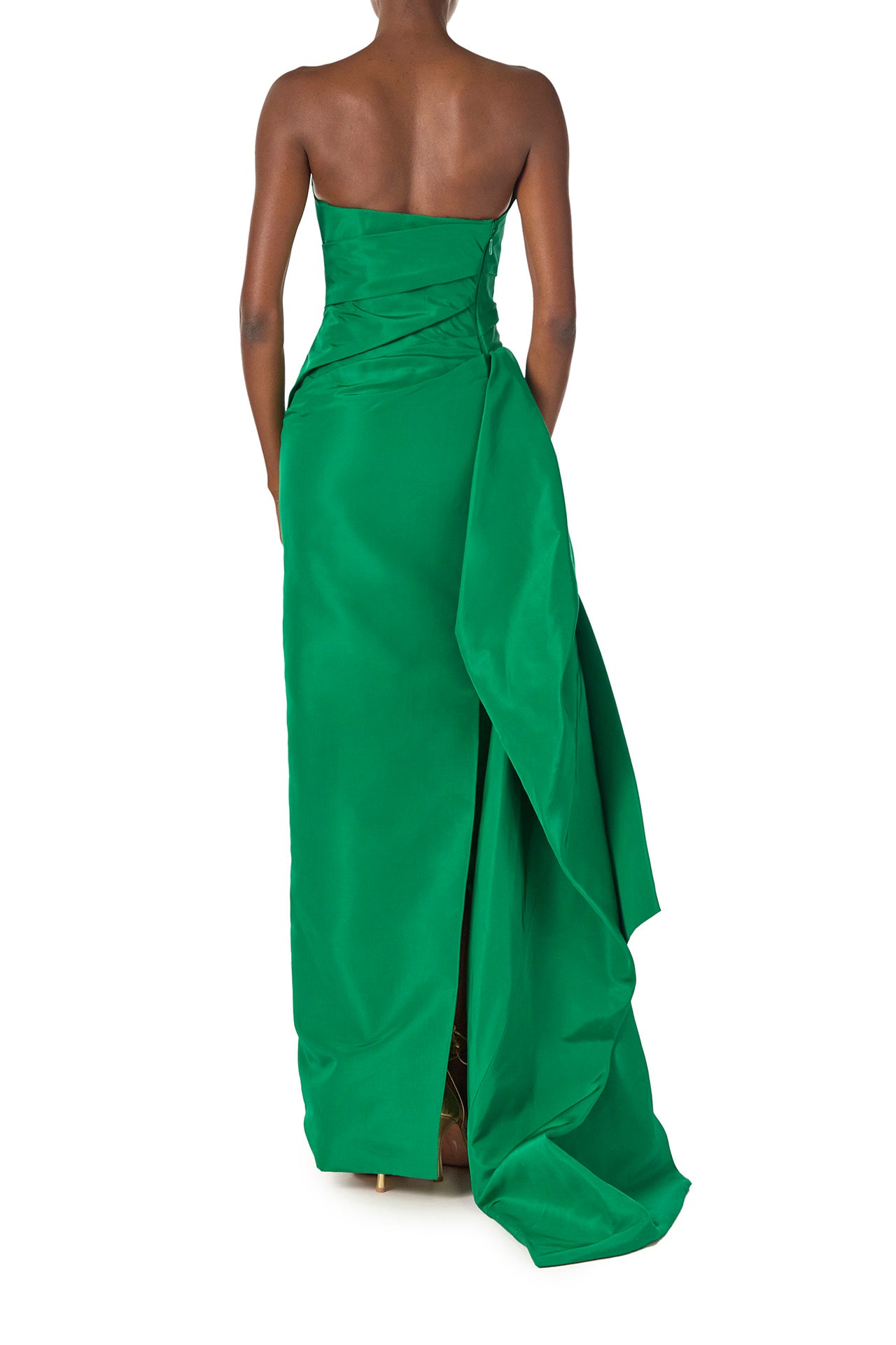 Monique Lhuillier Spring 2025 Strapless column gown with asymmetric draped neckline and sweeping side train in grass green faille fabric - back.