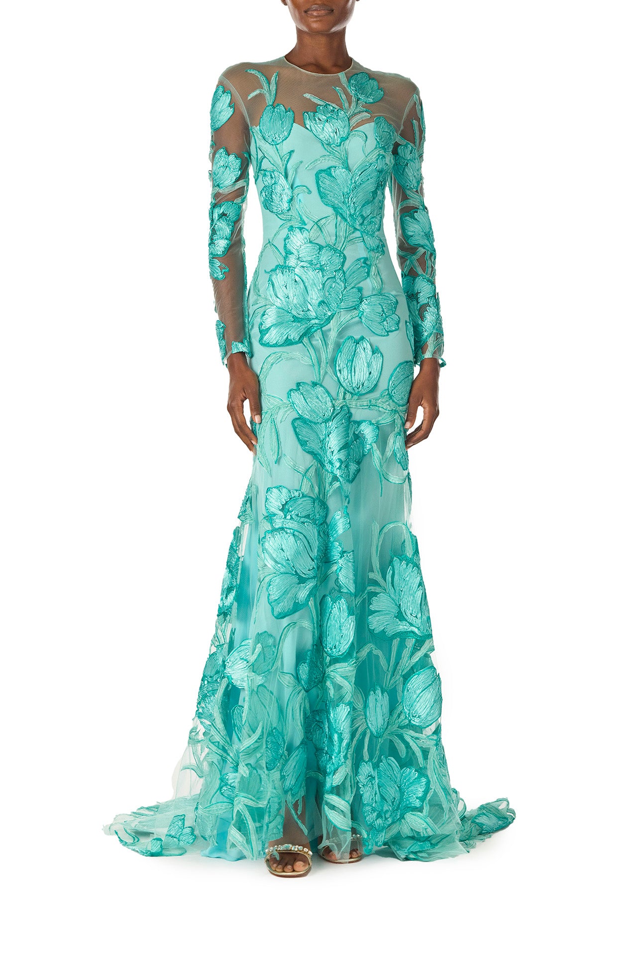 Monique Lhuillier Spring 2025 Embroidered, aqua floral tulle long sleeve trumpet gown with jewel neckline - front.