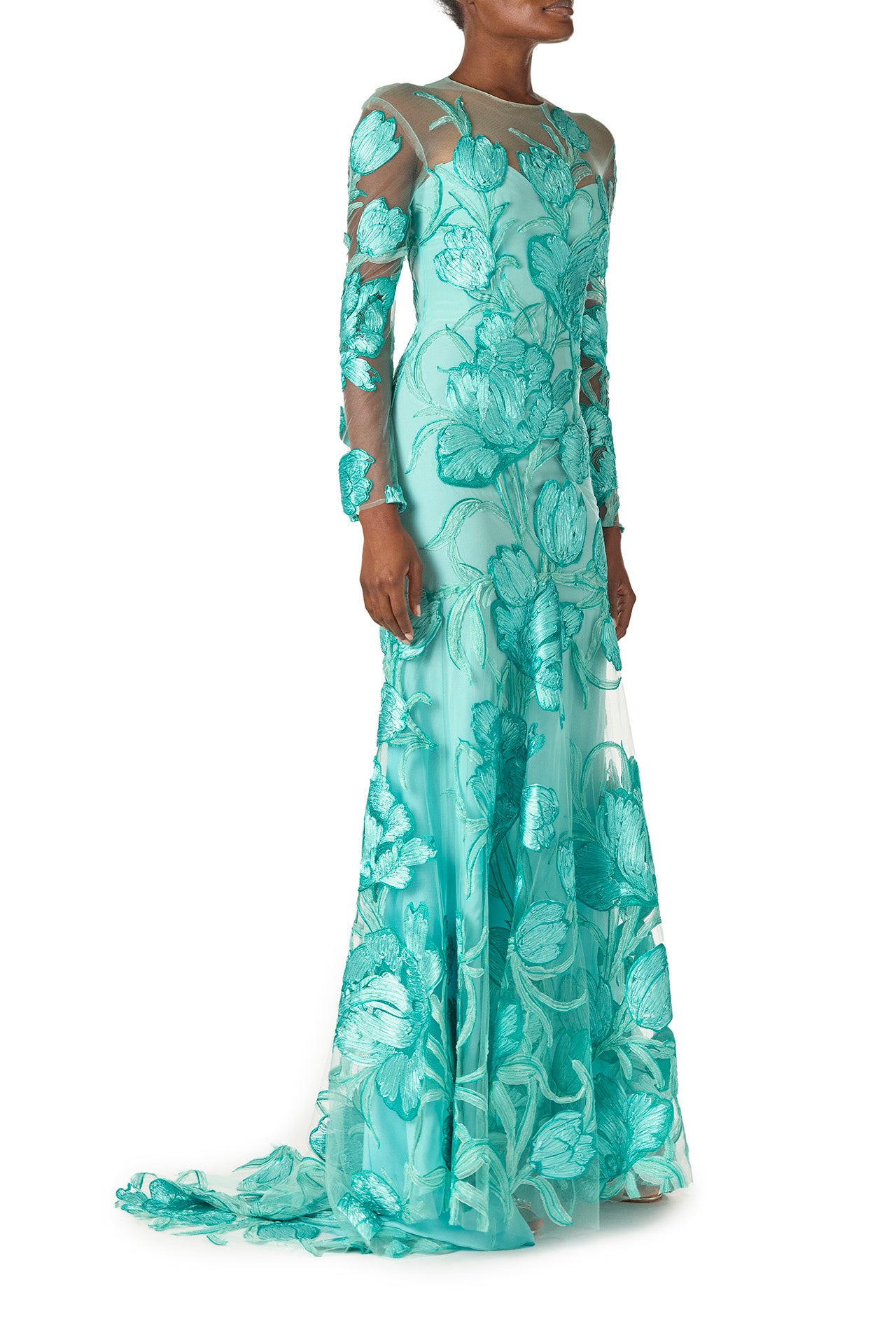 Monique Lhuillier Spring 2025 Embroidered, aqua floral tulle long sleeve trumpet gown with jewel neckline - side.