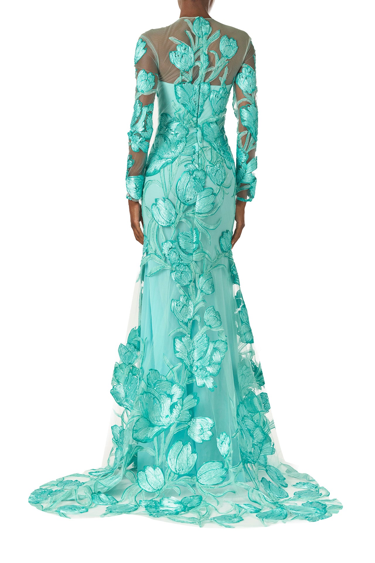 Monique Lhuillier Spring 2025 Embroidered, aqua floral tulle long sleeve trumpet gown with jewel neckline - back.
