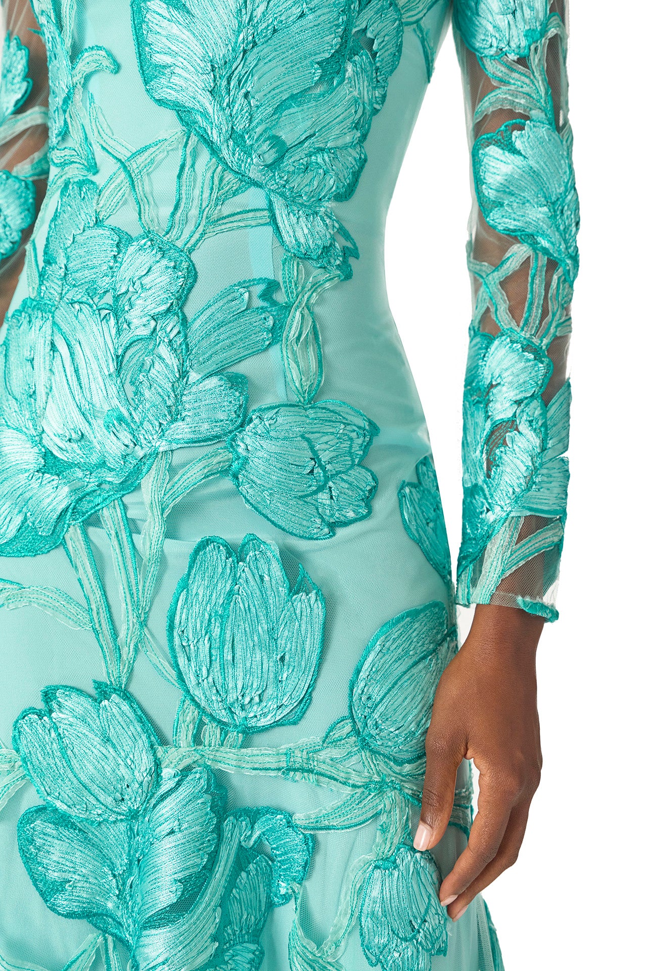 Monique Lhuillier Spring 2025 Embroidered, aqua floral tulle long sleeve trumpet gown with jewel neckline - fabric.