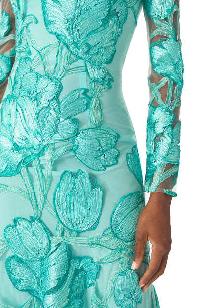 Monique Lhuillier Spring 2025 Embroidered, aqua floral tulle long sleeve trumpet gown with jewel neckline - fabric.