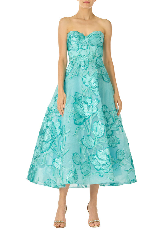 Monique Lhuillier strapless, tea-length dress with corseted sweetheart bodice and structured skirt in Aqua embroidered floral tulle - front.