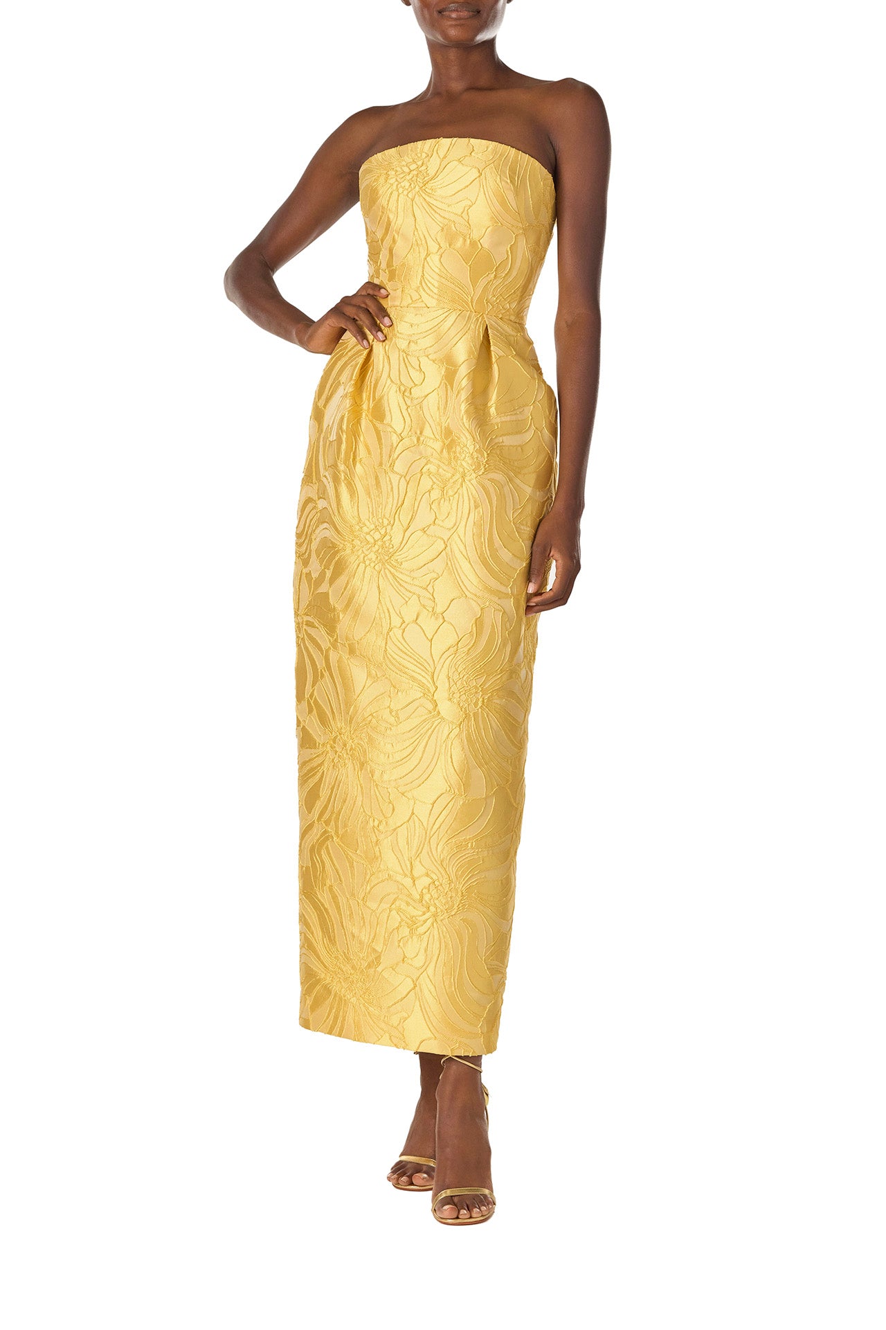 Monique Lhuillier Spring 2025 Strapless, floral jacquard cocktail dress with front pleated skirt and pockets in lemon drop color - front.