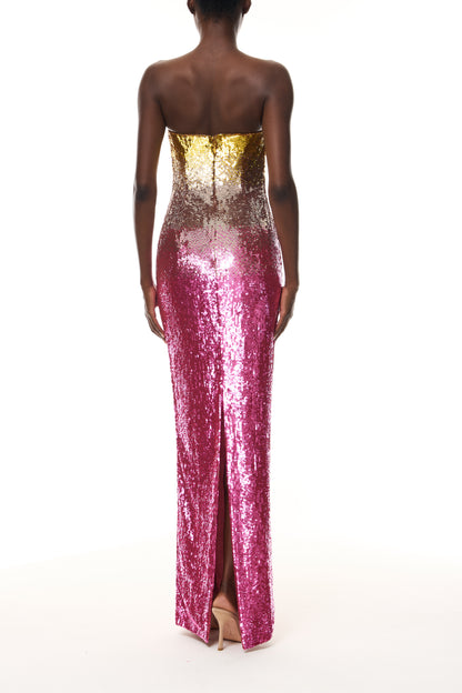 Monique Lhuillier Spring 2025 RTW strapless Hibiscus/Multi Ombre Sequin Column Gown - back.