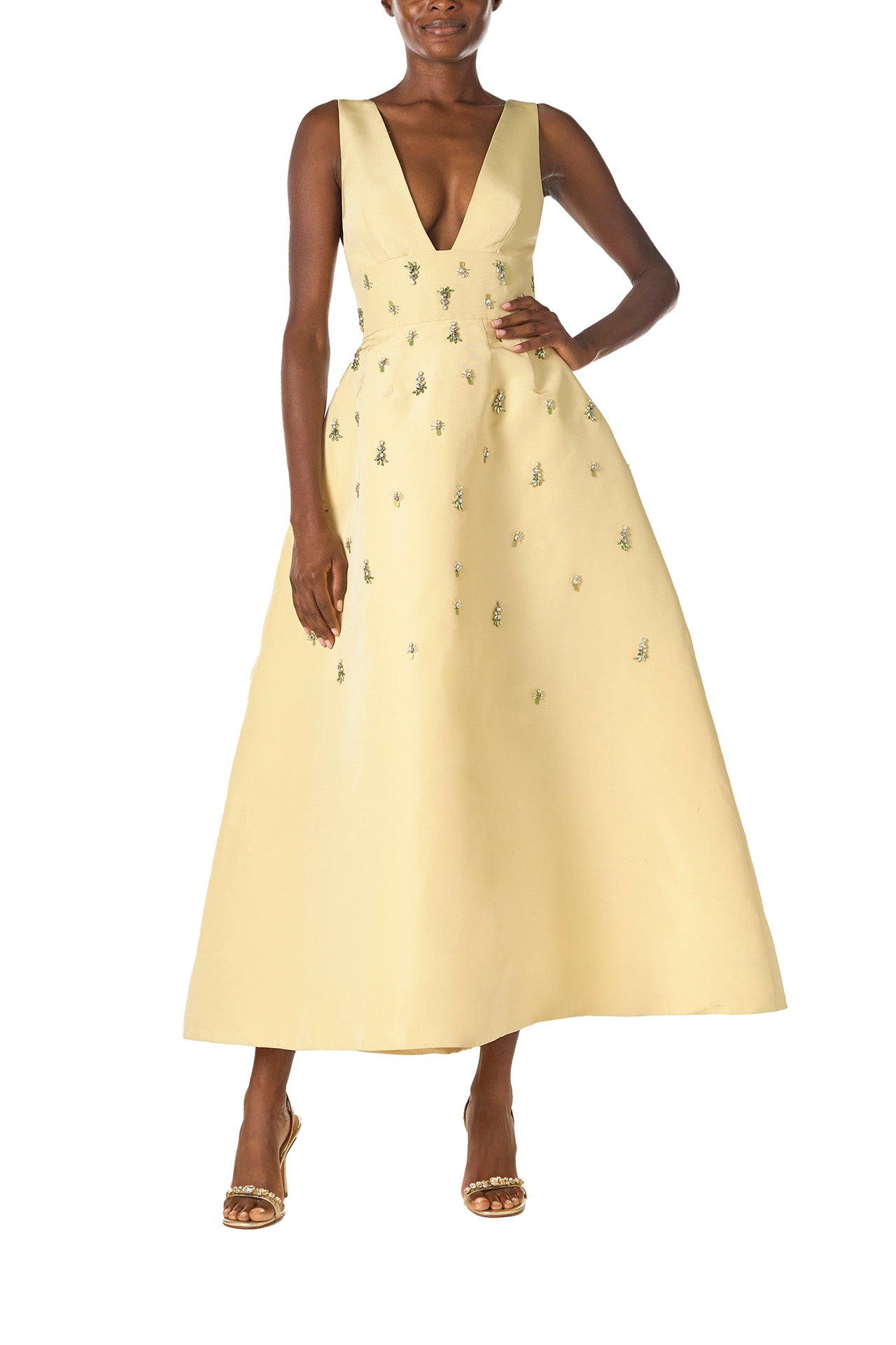 Monique Lhuillier Spring 2025 Embroidered cocktail dress with v-neckline and tea-length skirt  in Limoncello faille - front.