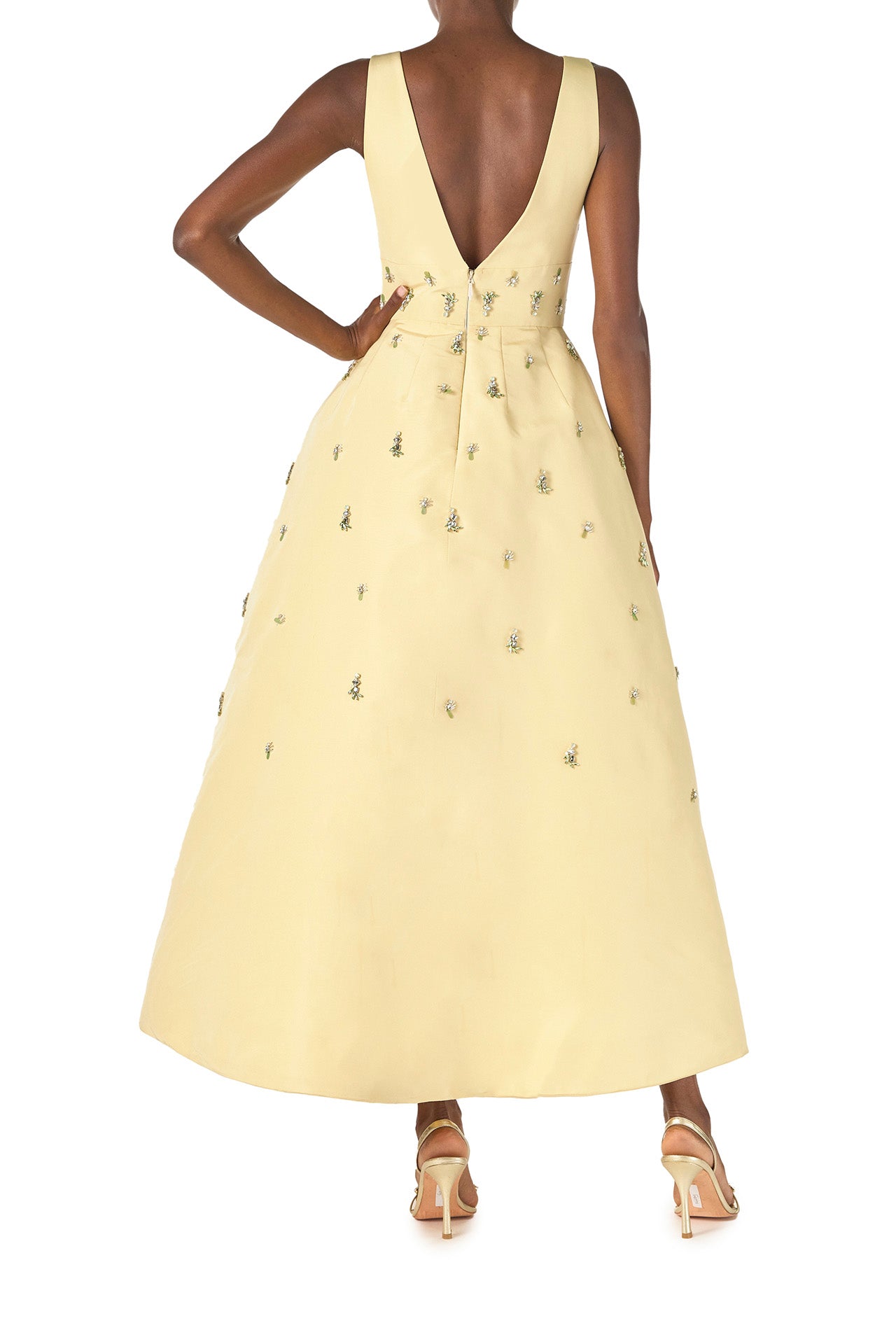 Monique Lhuillier Spring 2025 Embroidered cocktail dress with v-neckline and tea-length skirt  in Limoncello faille - back.