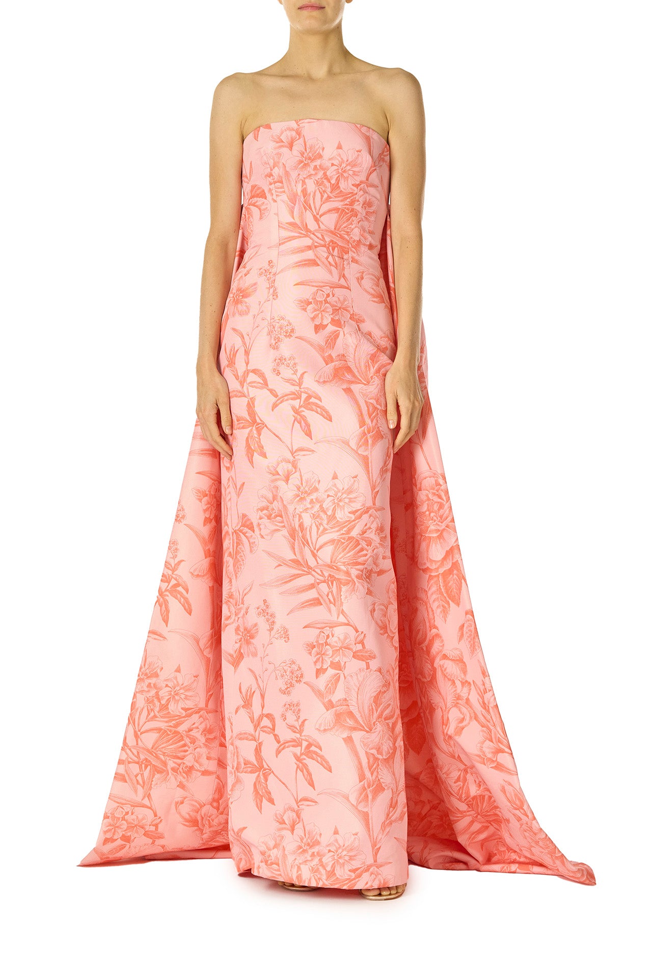 Monique Lhuillier Spring 2025 Strapless, column gown with sweeping integral train in rosette/coral colored Floral Toile Printed Faille - front.