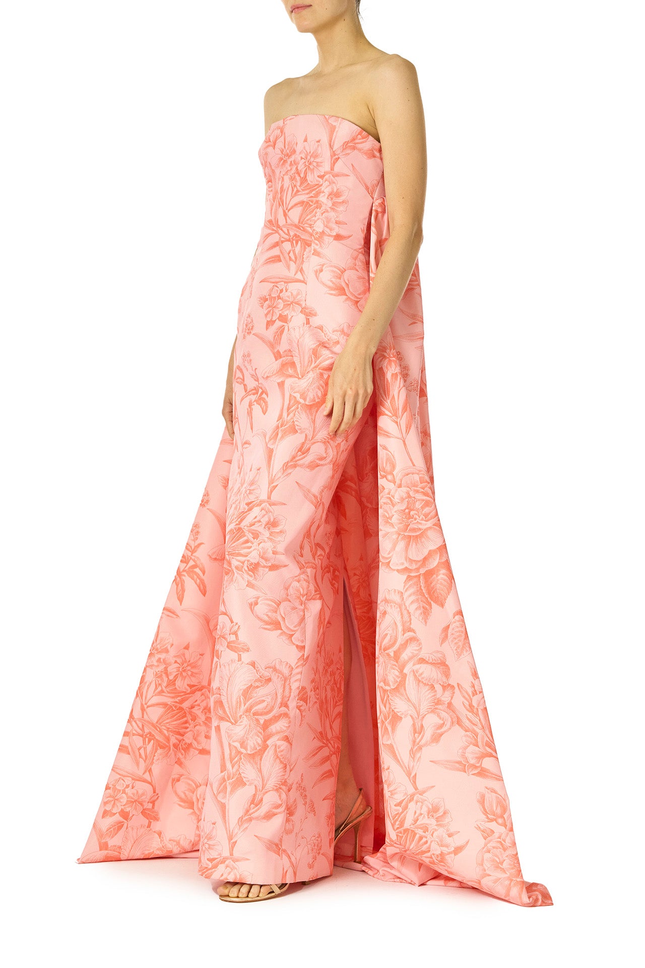 Monique Lhuillier Spring 2025 Strapless, column gown with sweeping integral train in rosette/coral colored Floral Toile Printed Faille - side.