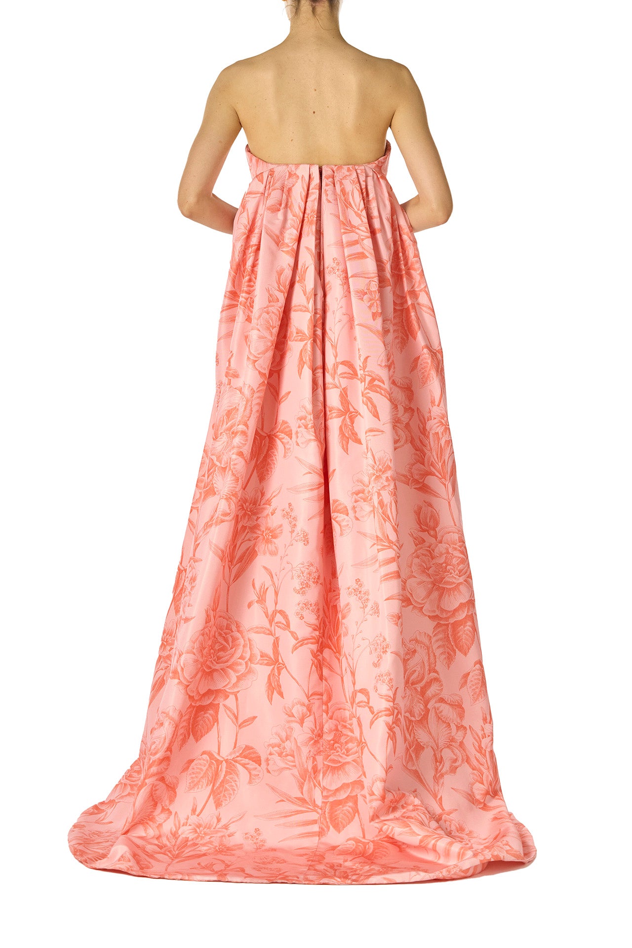 Monique Lhuillier Spring 2025 Strapless, column gown with sweeping integral train in rosette/coral colored Floral Toile Printed Faille - back.