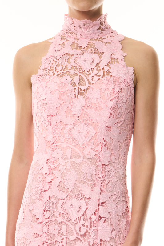 Monique Lhuillier Spring 2025 Carnation floral lace gown with halter neck, trumpet skirt and lace scalloped edging - fabric