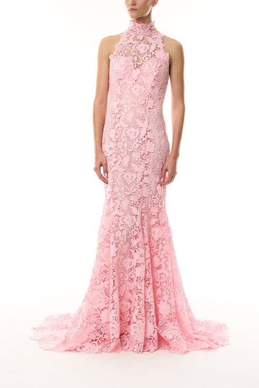 Monique Lhuillier Spring 2025 Carnation floral lace gown with halter neck, trumpet skirt and lace scalloped edging - front.