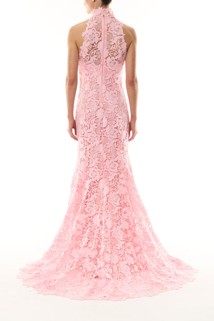 Monique Lhuillier Spring 2025 Carnation floral lace gown with halter neck, trumpet skirt and lace scalloped edging - back.