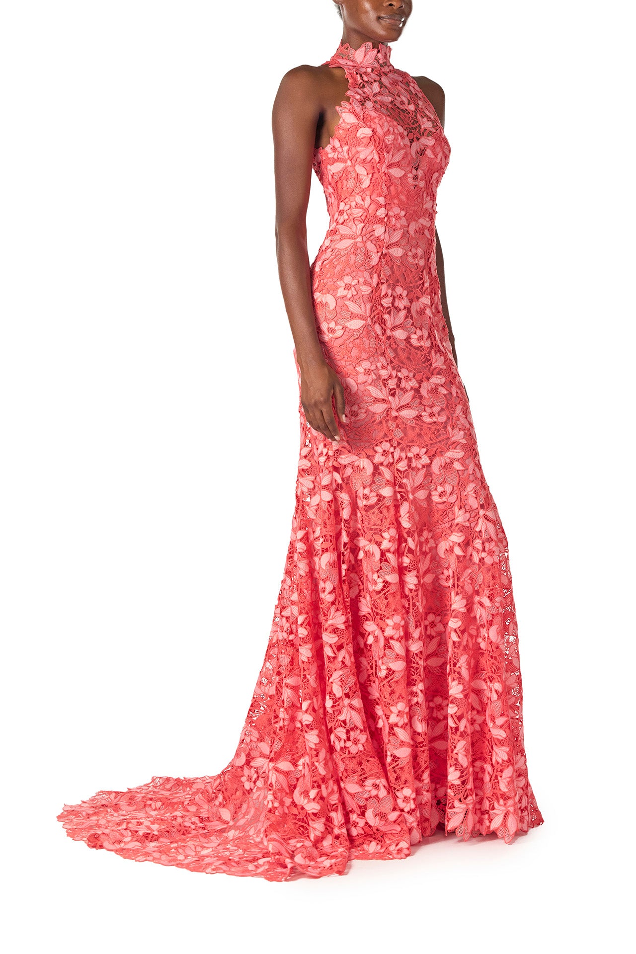 Monique Lhuillier Spring 2025 coral floral lace gown with halter neck, trumpet skirt and lace scalloped edging - right side.