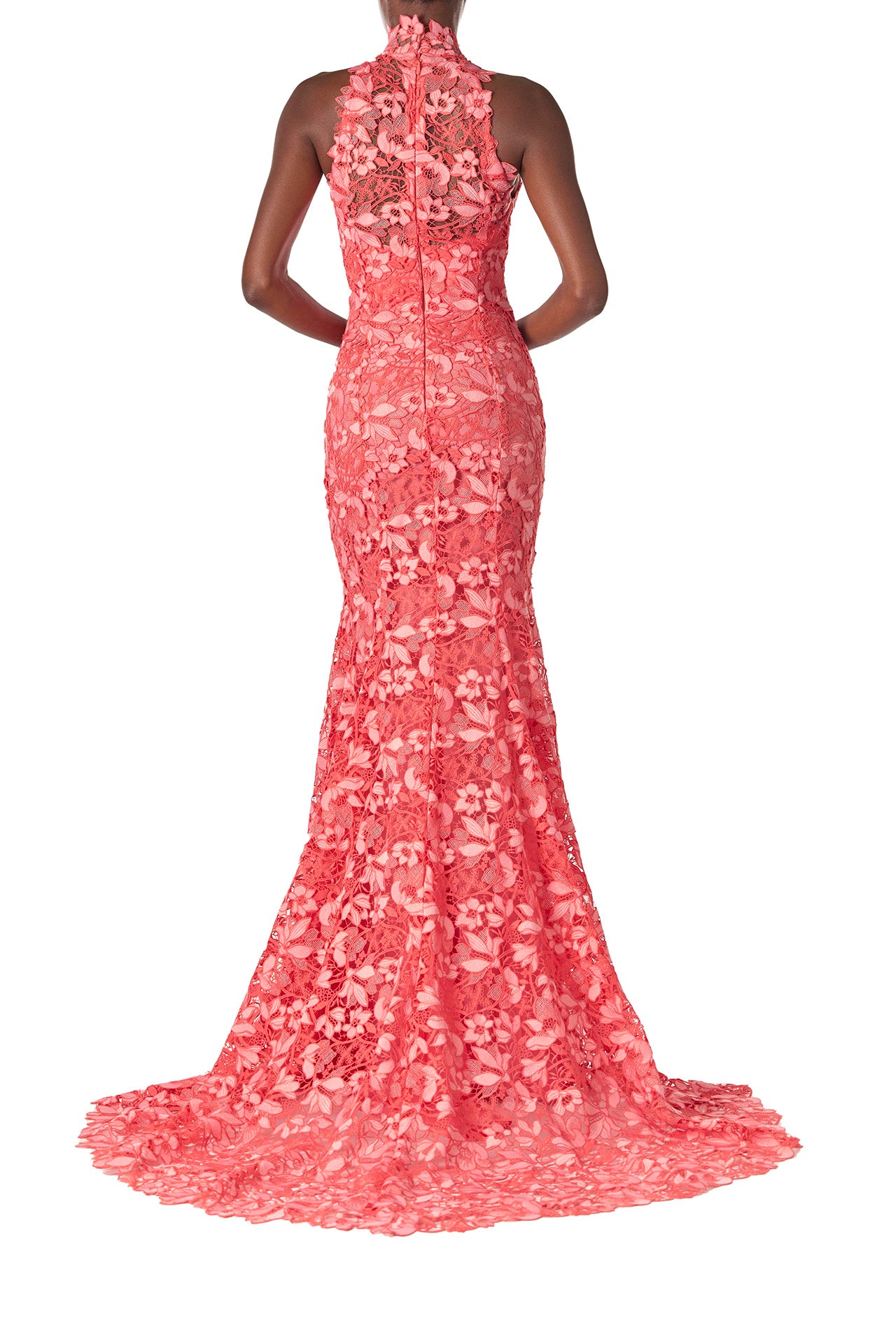 Monique Lhuillier Spring 2025 coral floral lace gown with halter neck, trumpet skirt and lace scalloped edging - back.