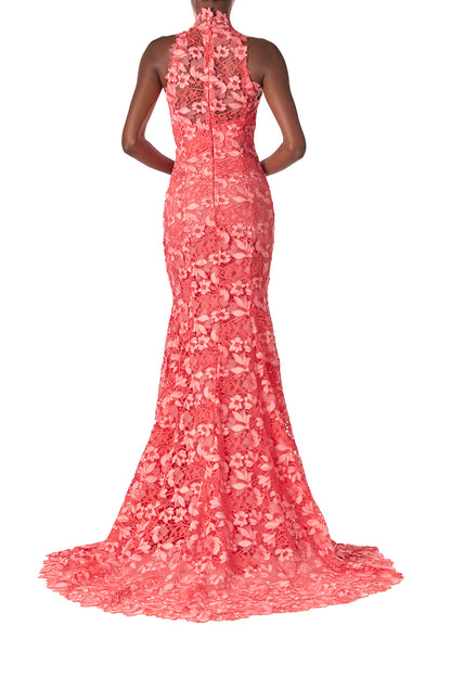 Monique Lhuillier Spring 2025 coral floral lace gown with halter neck, trumpet skirt and lace scalloped edging - back.
