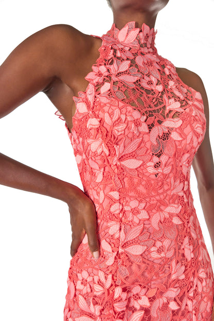 Monique Lhuillier Spring 2025 coral floral lace gown with halter neck, trumpet skirt and lace scalloped edging - fabric.