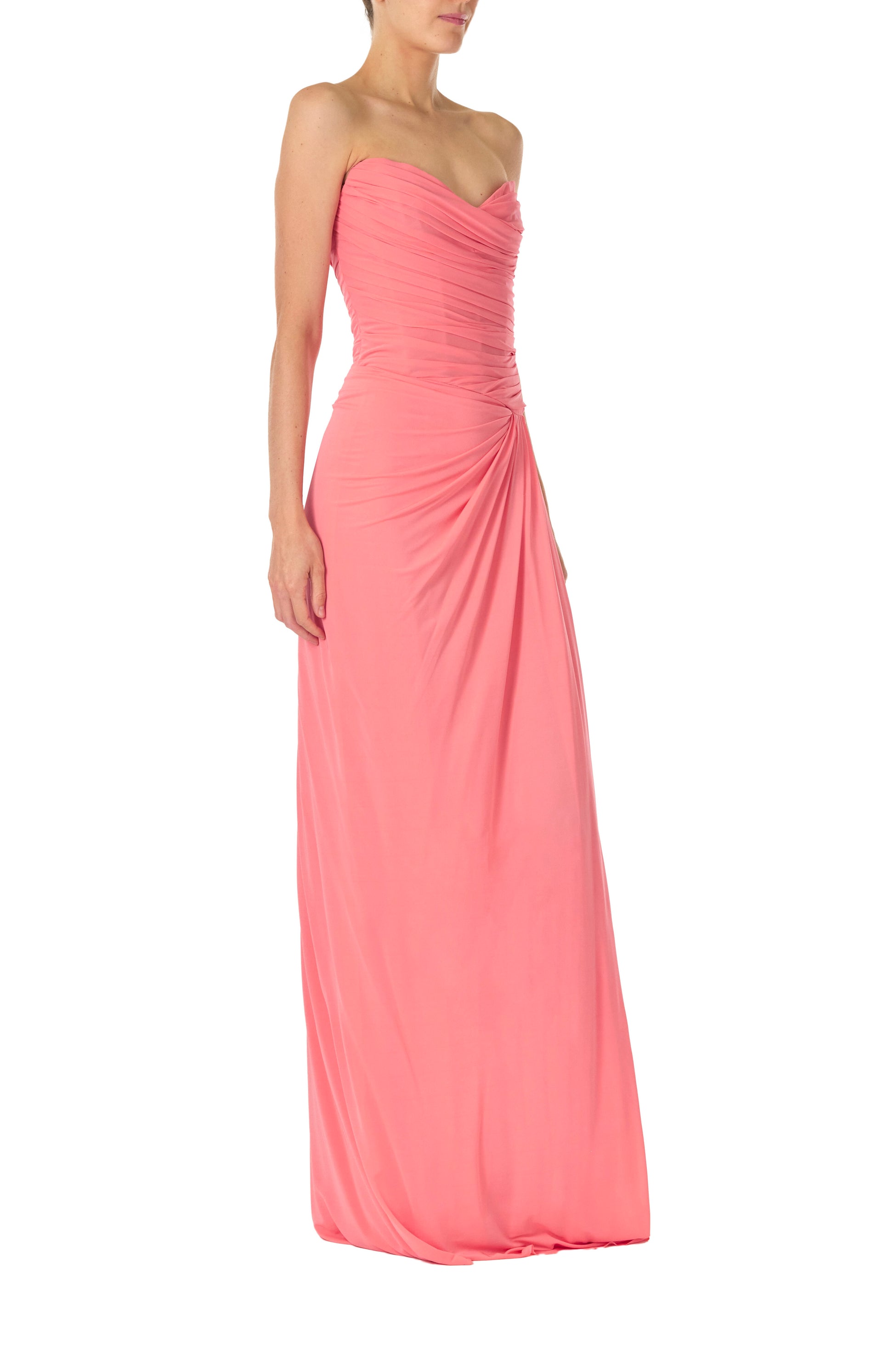 Monique Lhuillier Spring 2025 Strapless gown with draped, sweetheart neckline and front skirt slit in Crepe Jersey fabric - right side.