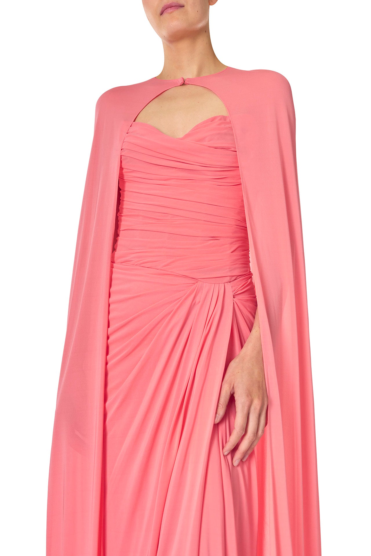 Monique Lhuillier Spring 2025 Pink crepe jersey floor length cape with hook and eye closure at front neckline - detail.
