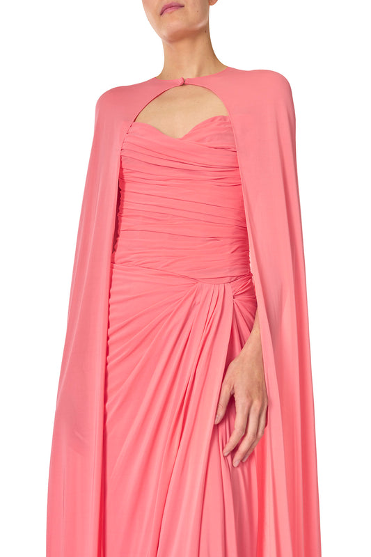 Monique Lhuillier Spring 2025 Pink crepe jersey floor length cape with hook and eye closure at front neckline - detail.
