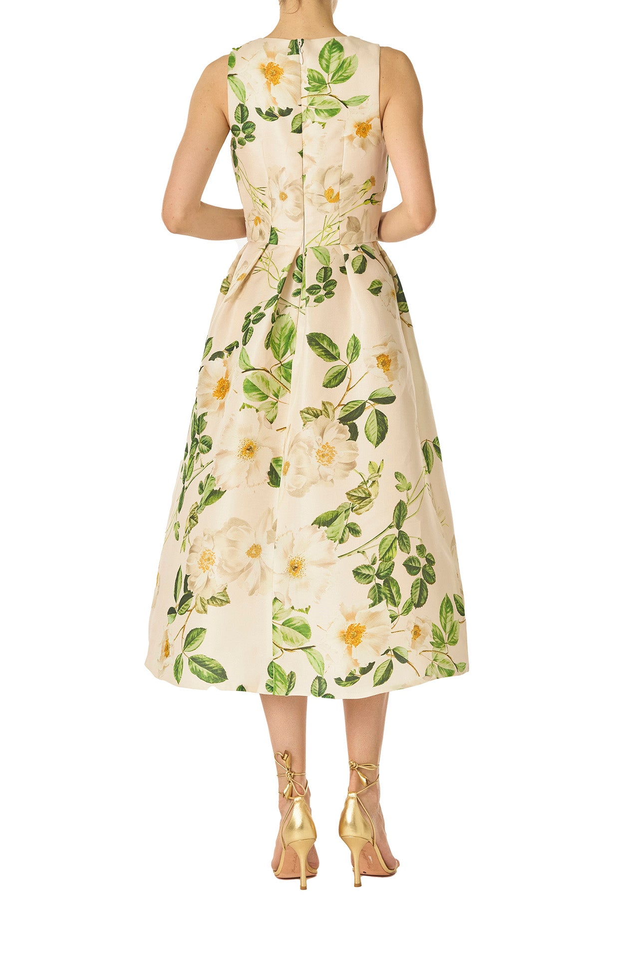 Monique Lhuillier Spring 2025 Rose print gazar sleeveless day dress with jewel neckline and pockets - back.