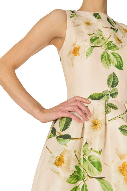 Monique Lhuillier Spring 2025 Rose print gazar sleeveless day dress with jewel neckline and pockets - fabric.