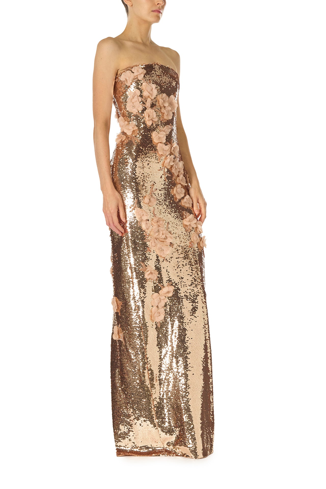 Monique Lhuillier Spring 2025 strapless floral embroidered column gown in Rose Gold sequins and tonal embroidery - right side.