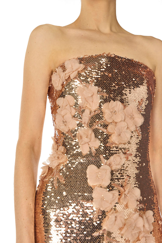 Monique Lhuillier Spring 2025 strapless floral embroidered column gown in Rose Gold sequins and tonal embroidery - fabric detail.