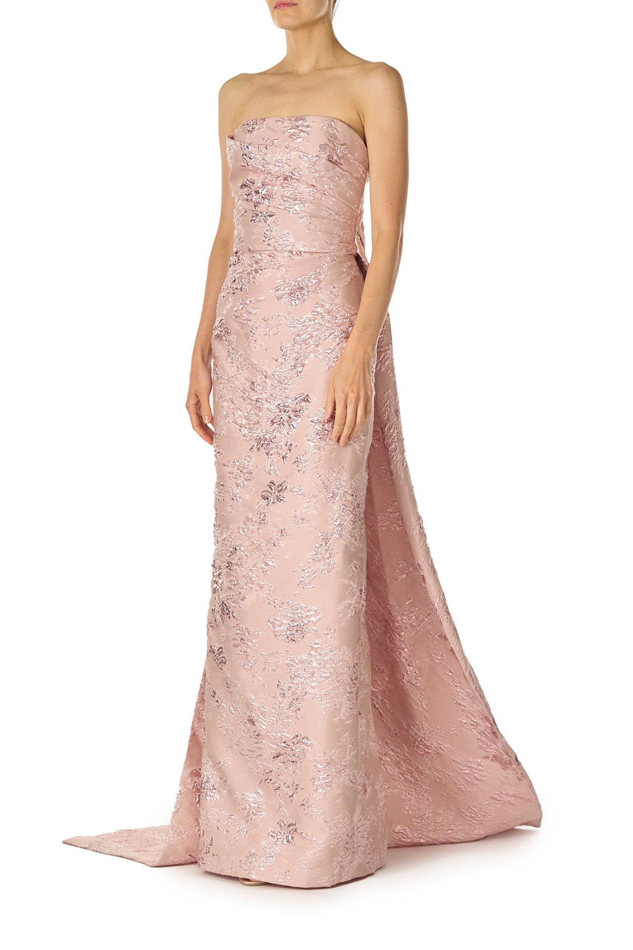 Monique Lhuillier Spring 2025 draped front column gown with train in Rosé metallic jacquard - left side.