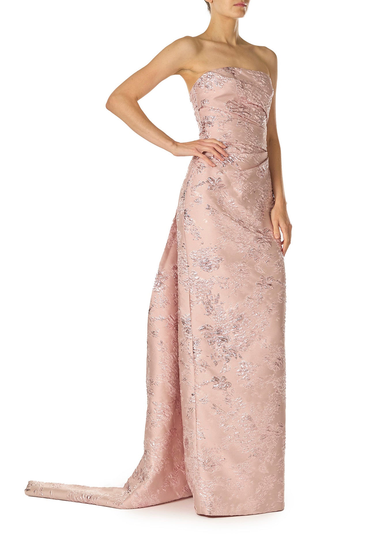 Monique Lhuillier Spring 2025 draped front column gown with train in Rosé metallic jacquard - right side.