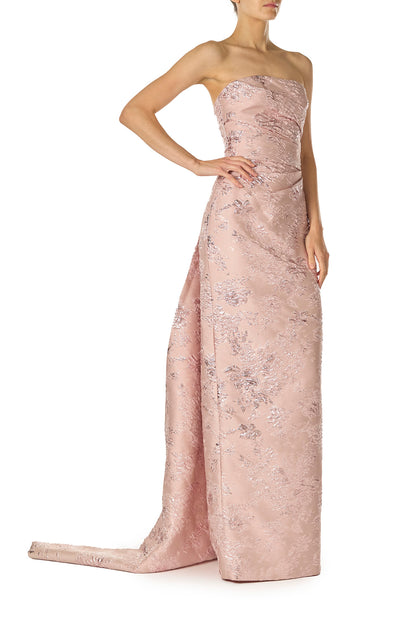 Monique Lhuillier Spring 2025 draped front column gown with train in Rosé metallic jacquard - right side.