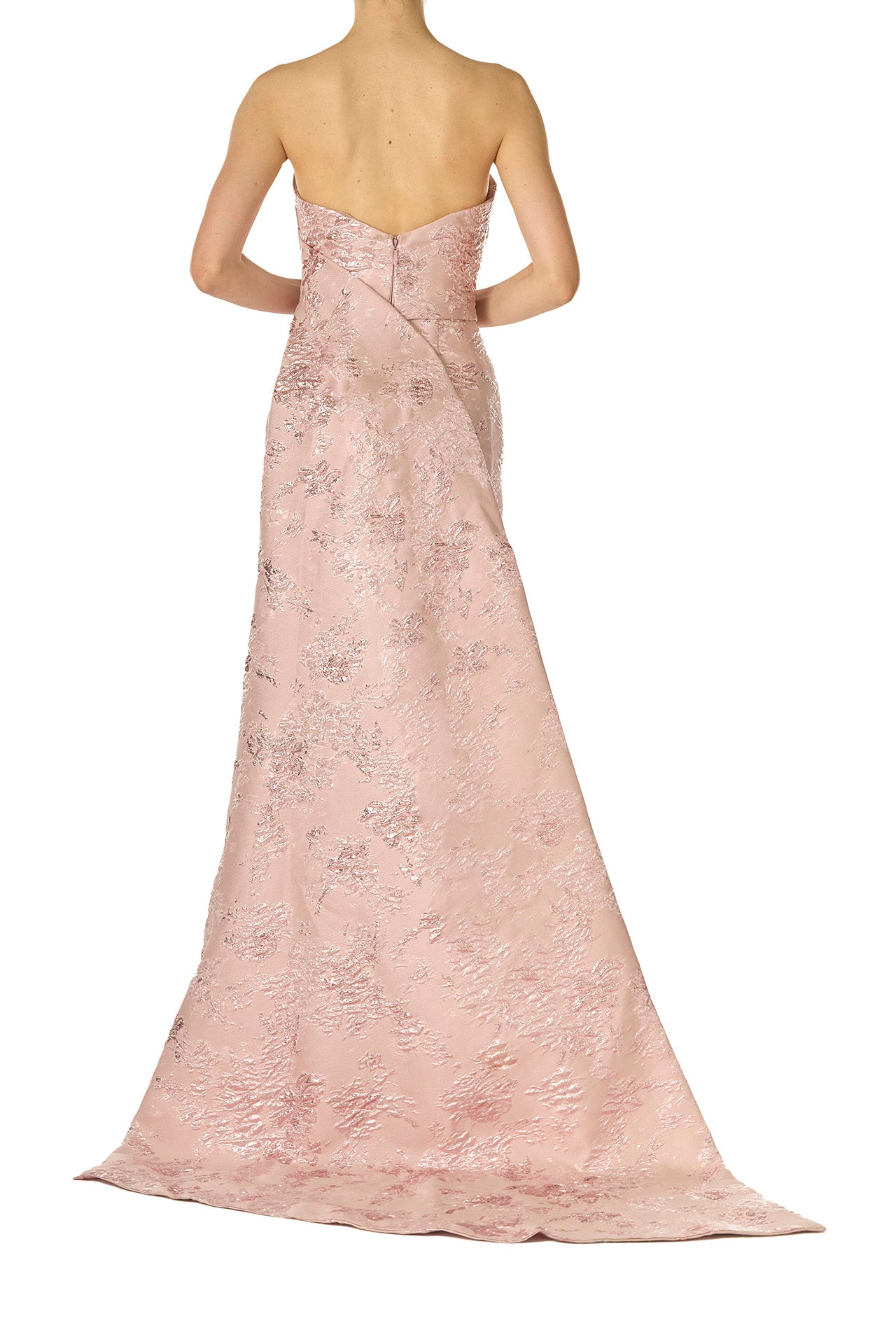 Monique Lhuillier Spring 2025 draped front column gown with train in Rosé metallic jacquard - back.