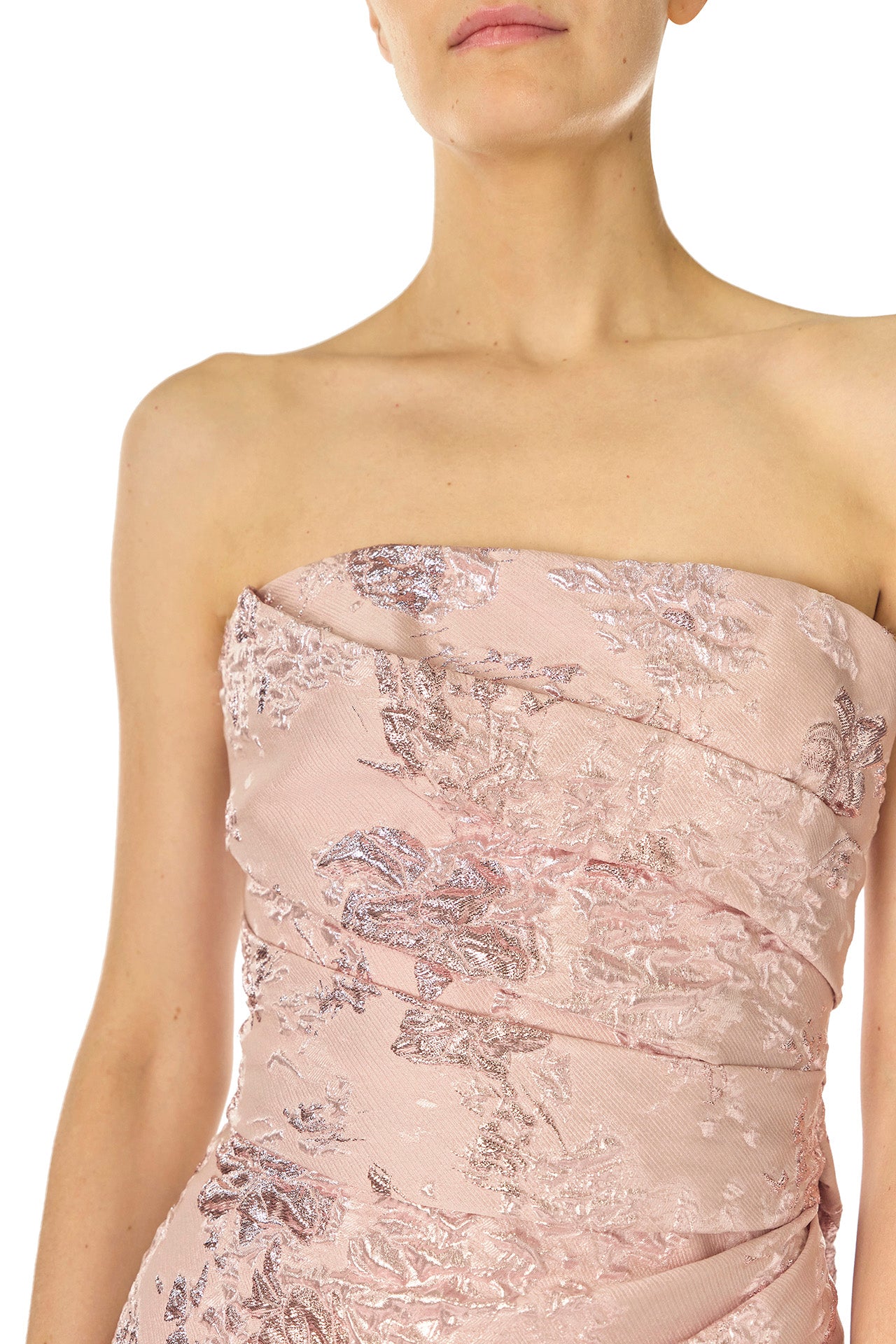 Monique Lhuillier Spring 2025 draped front column gown with train in Rosé metallic jacquard - neckline detail.