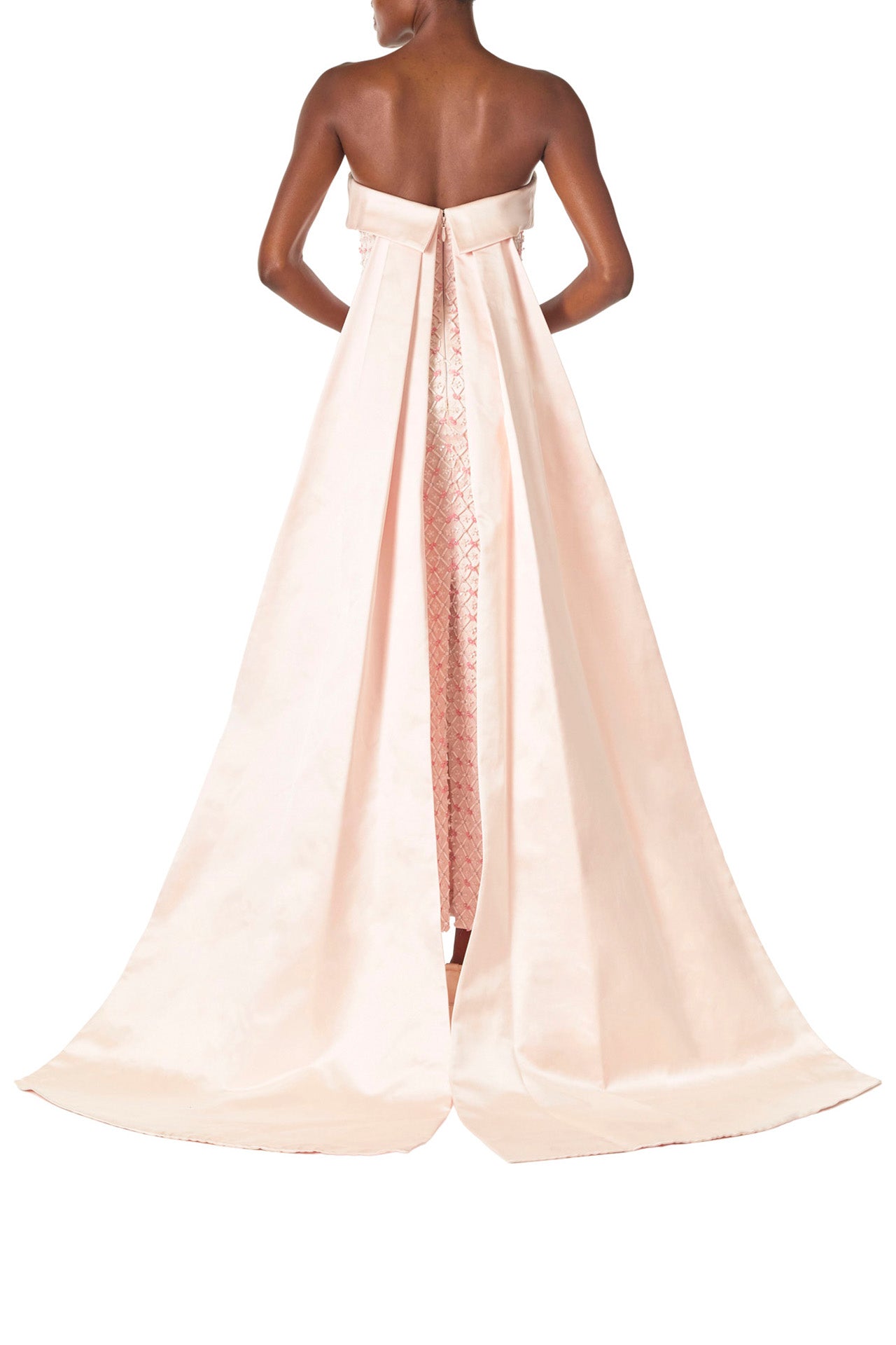 Monique Lhuillier Spring 2025 Strapless, rose embroidered satin column gown with cuffed neckline and integral draped back ties- back.