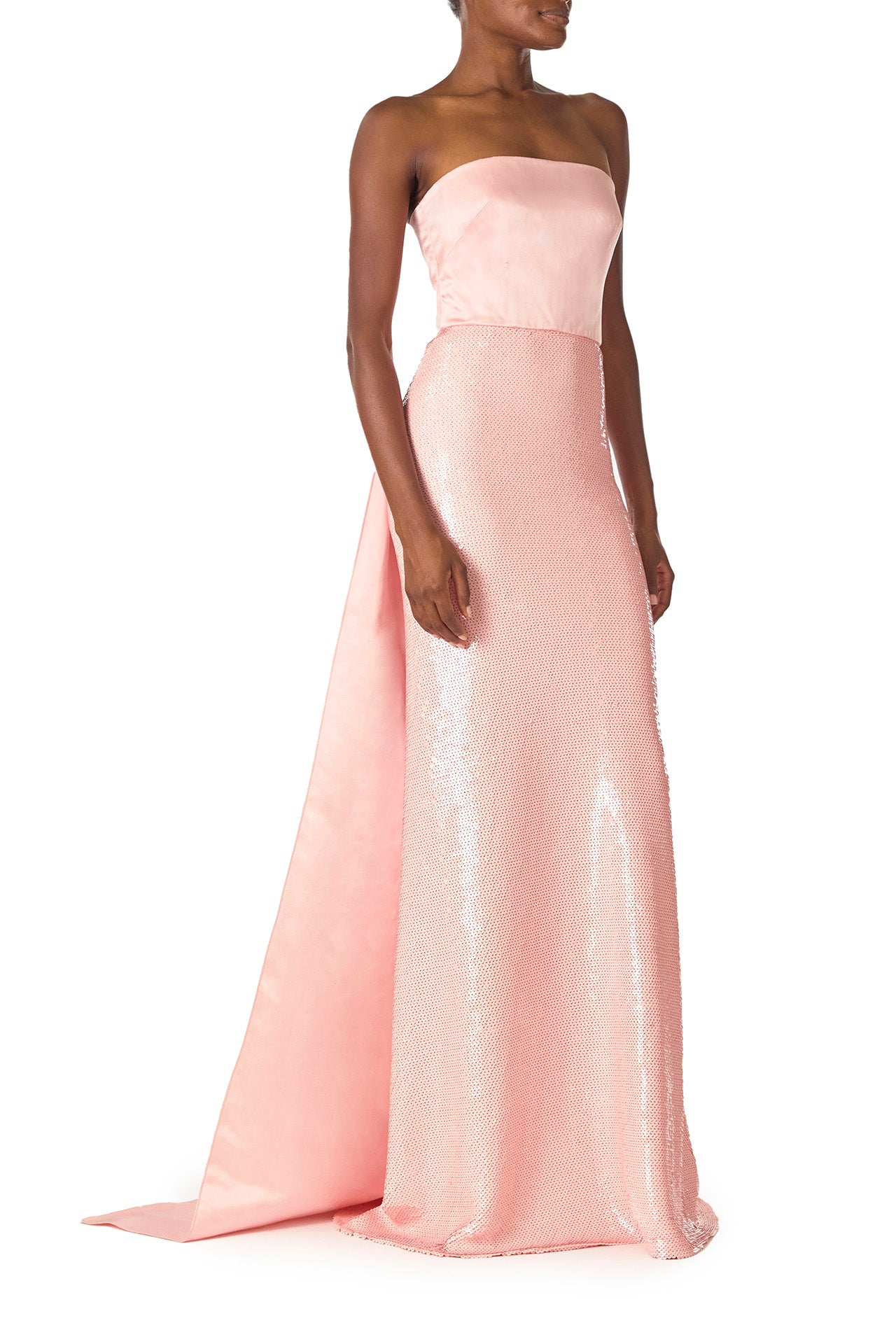 Monique Lhuillier Spring 2025 Strapless sequin column gown with satin bodice and floor length train in Rosette color - side.