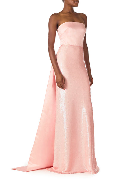 Monique Lhuillier Spring 2025 Strapless sequin column gown with satin bodice and floor length train in Rosette color - side.