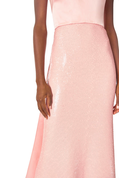 Monique Lhuillier Spring 2025 Strapless sequin column gown with satin bodice and floor length train in Rosette color - sequin.