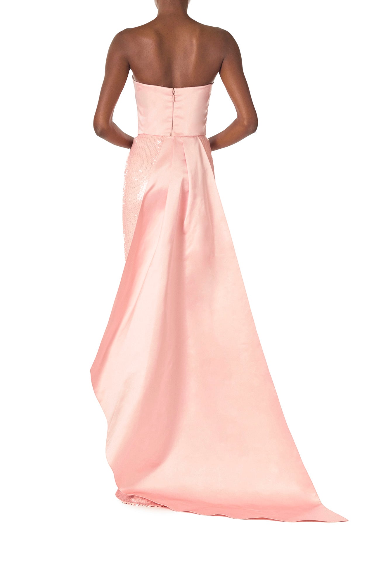 Monique Lhuillier Spring 2025 Strapless sequin column gown with satin bodice and floor length train in Rosette color - back.