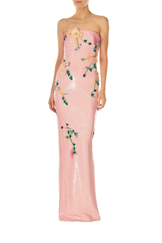 Monique Lhuillier Spring 2025 Strapless column gown in Rosette floral embroidered sequins - front.