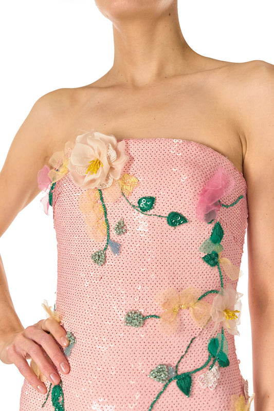Monique Lhuillier Spring 2025 Strapless column gown in Rosette floral embroidered sequins - detail.